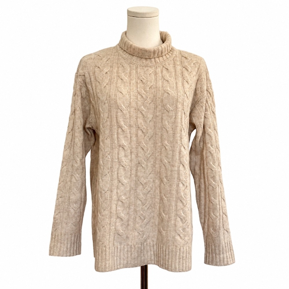 JJill XS Wool Blend Cable Knit Turtleneck Sweater Fisherman Quiet Luxury Neutral